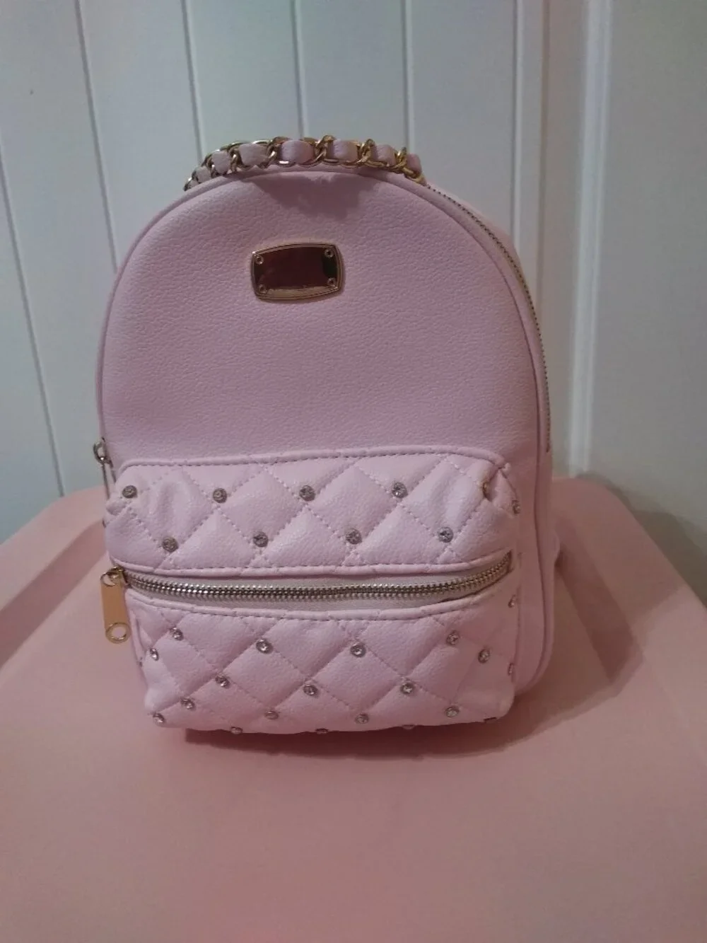 Pink Claire's Backpack with Rhinestone Embellishments & Gold Chain Handle
